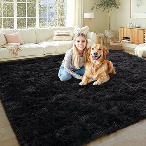 New 8x10 Black Shaggy Area Rug, Soft Washable Plush Carpet for Home & Room Decor